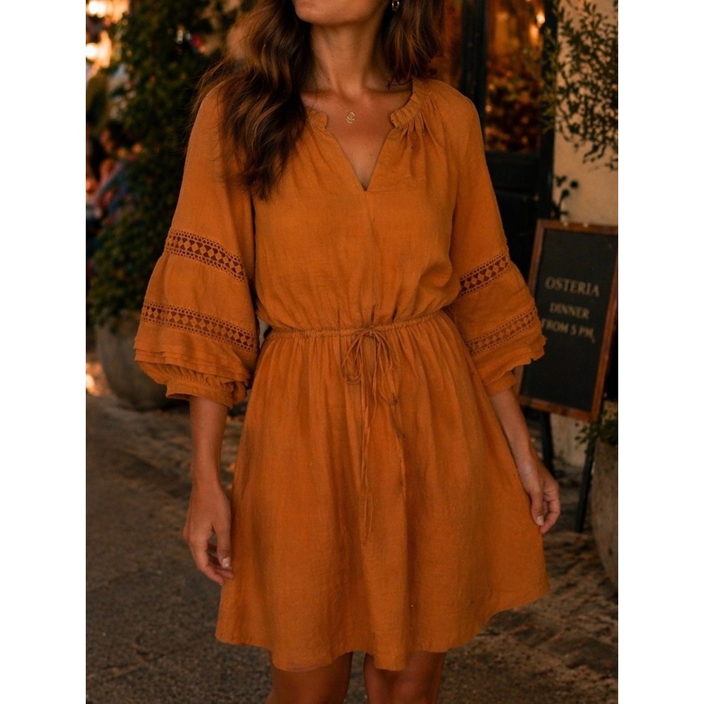 Marissa Olivia Womens Dress Mustard Orange Medium Boho Crochet Lace Cottagecore